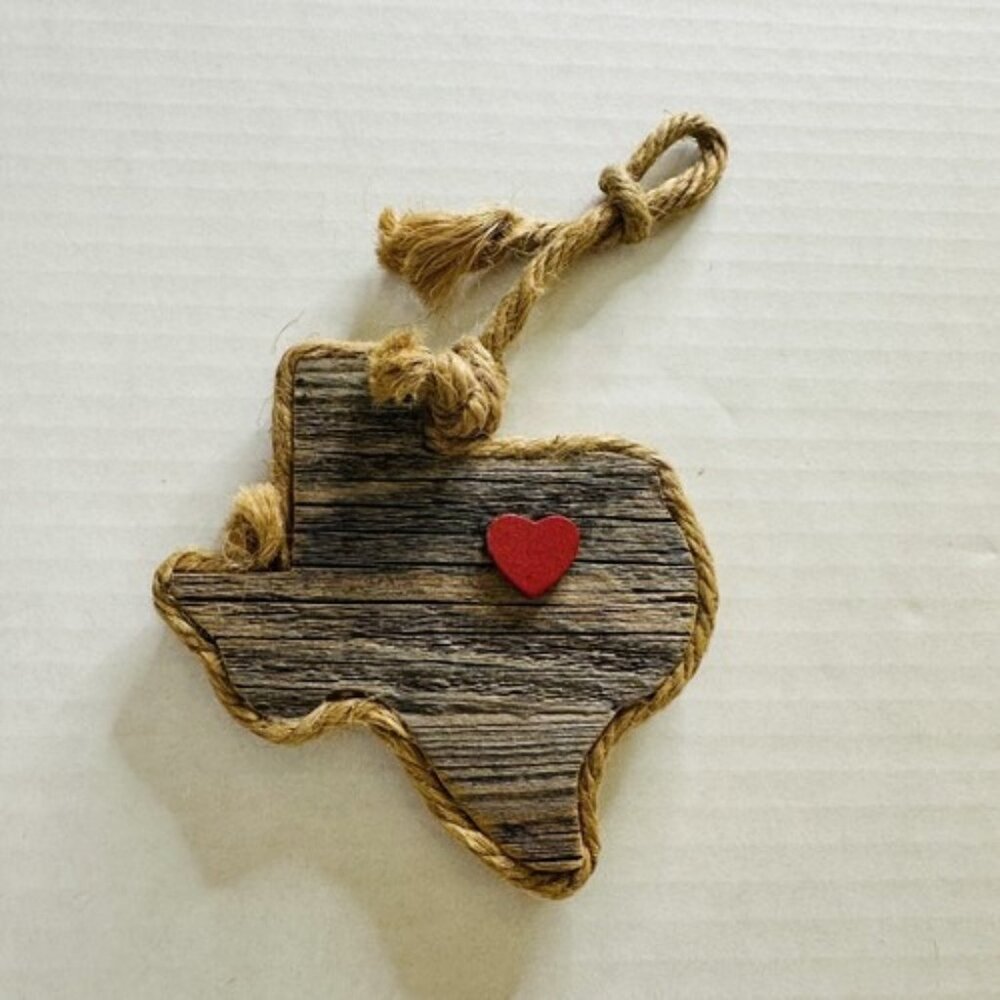 Heart Texas Love Crafted Rustic Wall Decor Ornament Red Heart Rope Loop 5x5x.75”